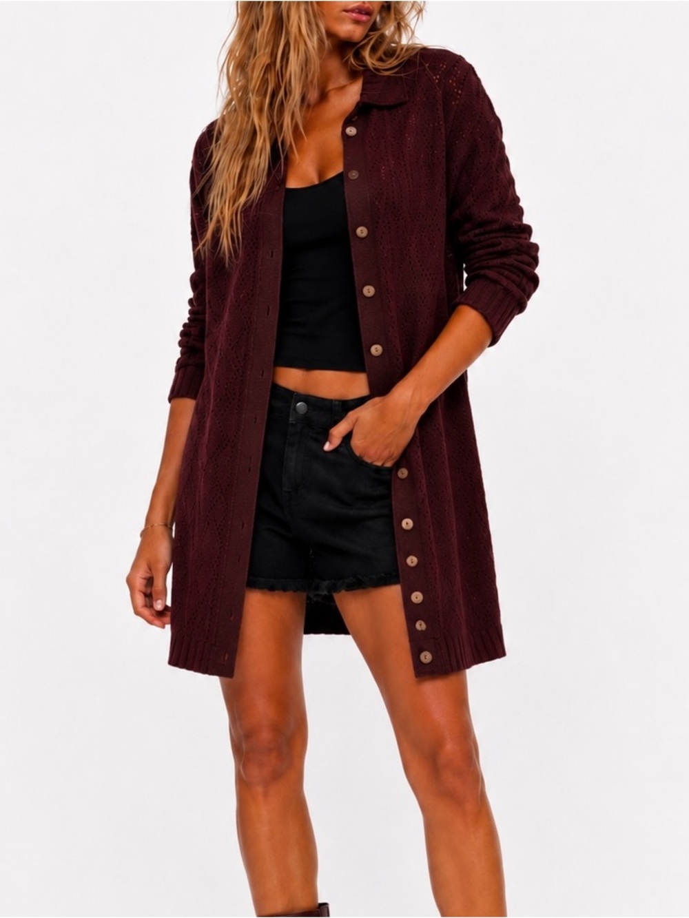 Free People Longline Button-Front Knit Cardigan Crochet Burgundy Size Medium